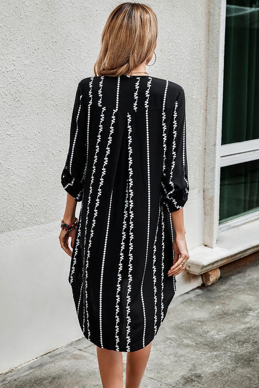 Striped Roll Tab Sleeve Tunic Dress