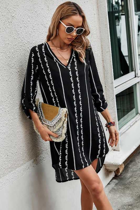 Striped Roll Tab Sleeve Tunic Dress
