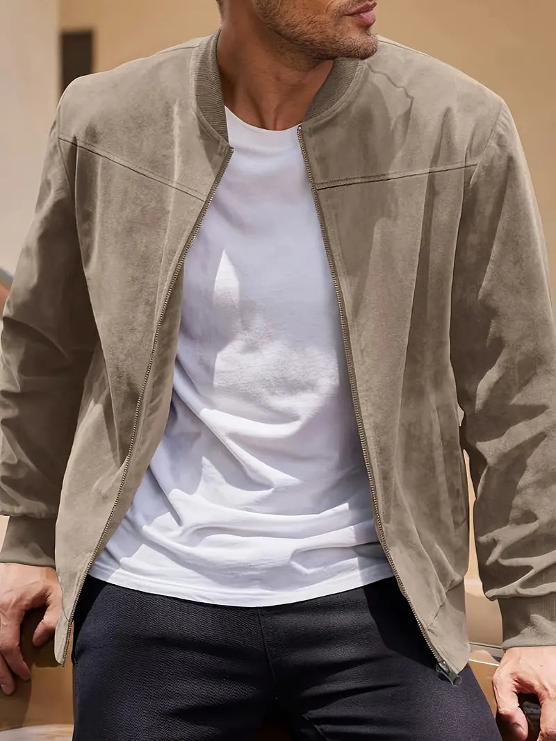 Men's Casual Bomber Jacket - Light Brown Zip-Up with Stand Collar