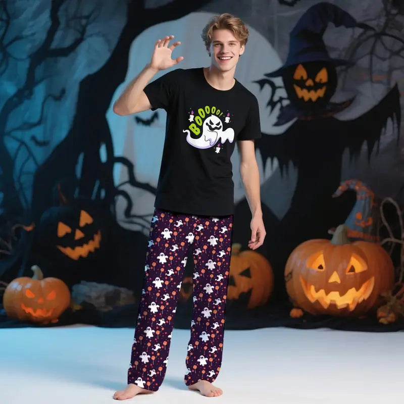 Halloween Matching Pajama Set for Men, Couples & Families – 2pcs T-Shirt & Pants Sleepwear