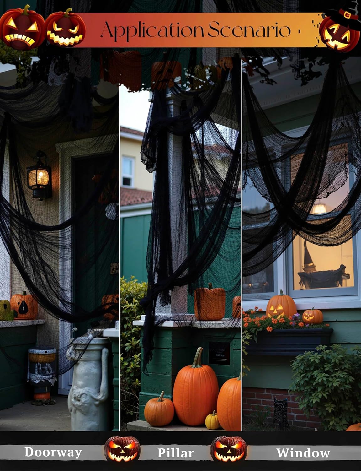 6-Pack Halloween Black Creepy Cloth (30×72 in) – Spooky Fabric for Haunted House, Indoor & Outdoor Party Décor