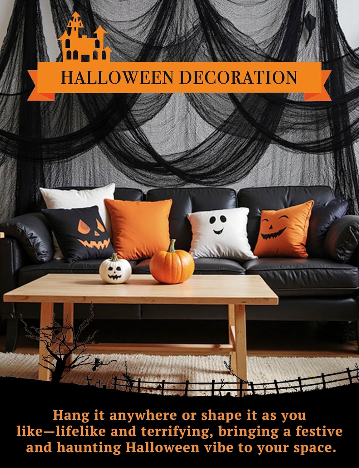 6-Pack Halloween Black Creepy Cloth (30×72 in) – Spooky Fabric for Haunted House, Indoor & Outdoor Party Décor