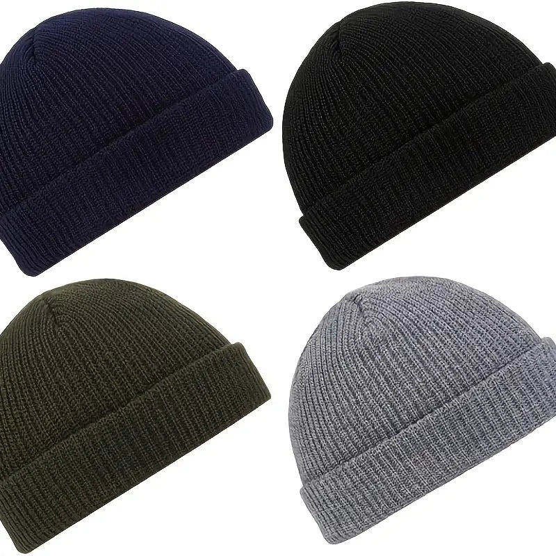 4pcs Soft Touch Acrylic Beanie Hats - Roll-Up Edge, Unisex (Black, Gray, Green, Navy)