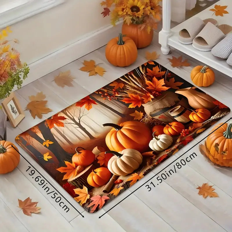 Thanksgiving Pumpkin & Maple Leaves Door Mat – Non-Slip Absorbent Fall Rug for Home