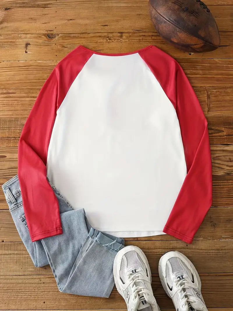 Women’s Vibrant Game Day Football V-Neck Tee – Long Sleeve Casual Top