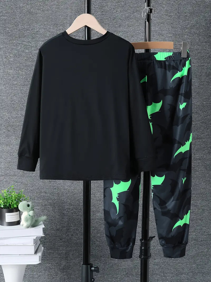 Halloween 2pcs Glow-in-the-Dark Bat Outfit for Tween Boys – Round-Neck T-Shirt & Elastic Waist Pants Set