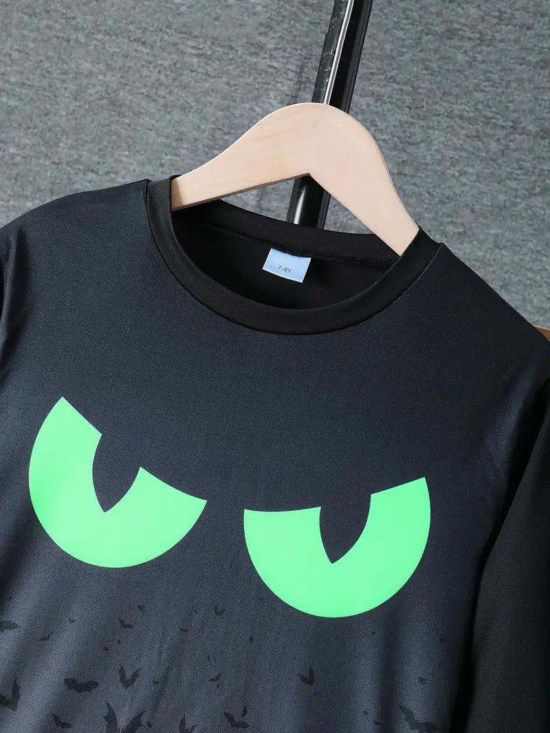 Halloween 2pcs Glow-in-the-Dark Bat Outfit for Tween Boys – Round-Neck T-Shirt & Elastic Waist Pants Set