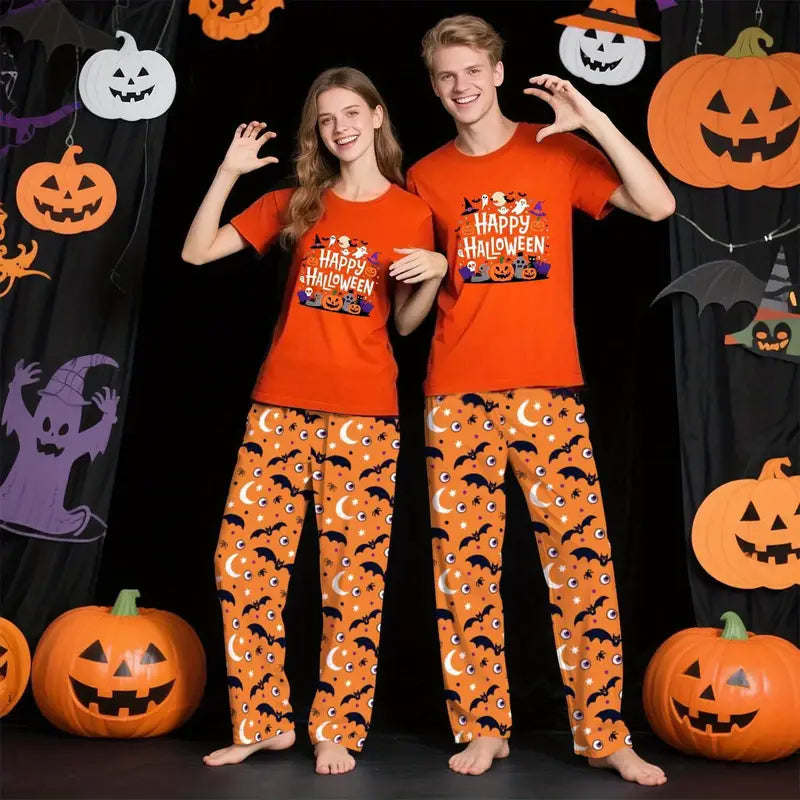 Halloween Matching Pajama Set – 2pcs T-Shirt & Pants for Families, Couples & Women
