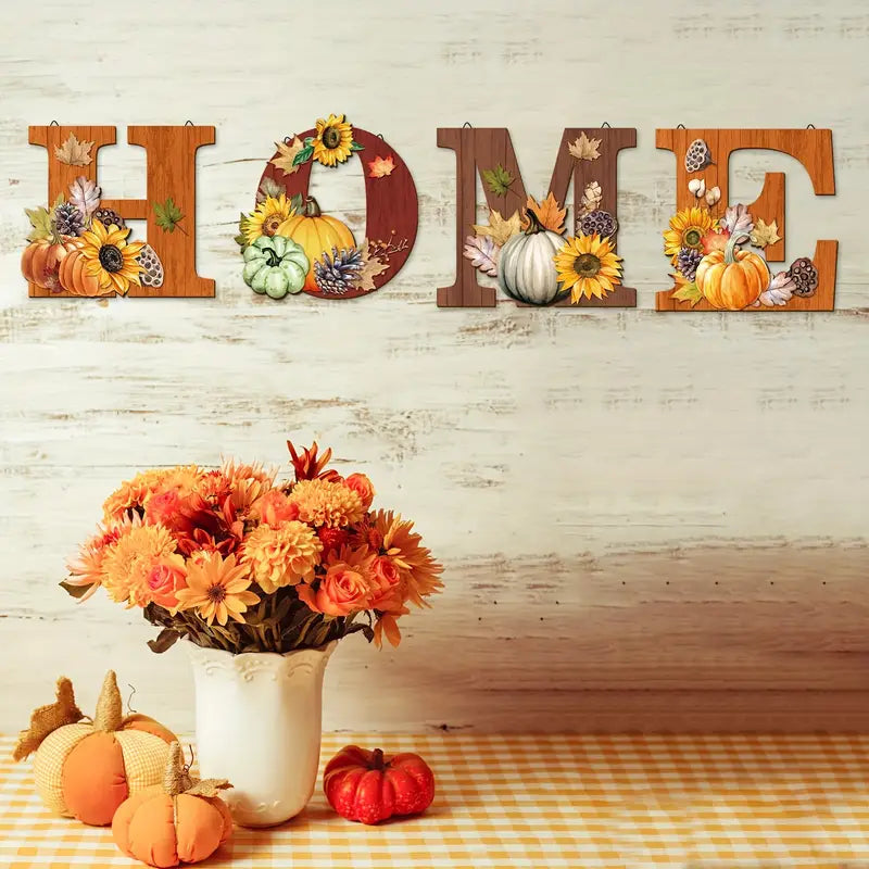 4pcs Wooden Fall Wall Art Set – Thanksgiving Hanging Signs with Inspirational Letters