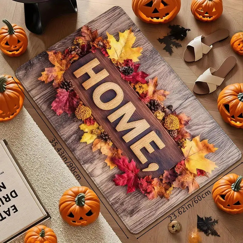 Autumn Welcome Mat – “HOME” Sign with Pumpkins & Fall Leaves, Non-Slip Indoor/Outdoor Rug