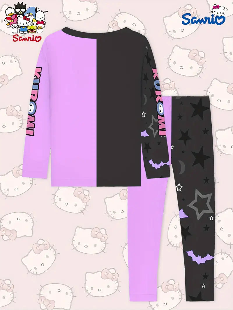 Girls’ Kuromi Halloween Pajama Set – Long Sleeve Top & Pants with Spider Web & Bat Print