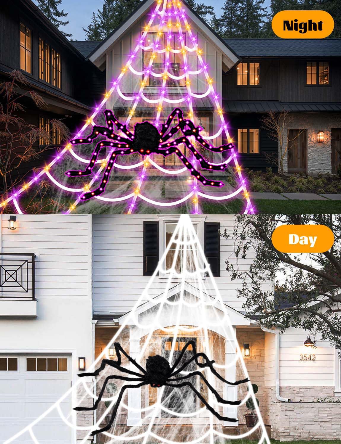 Spider Web Halloween Lights – 250 LED Outdoor String Lights with 60" Light-Up Spider & Remote Control (Orange + Purple)