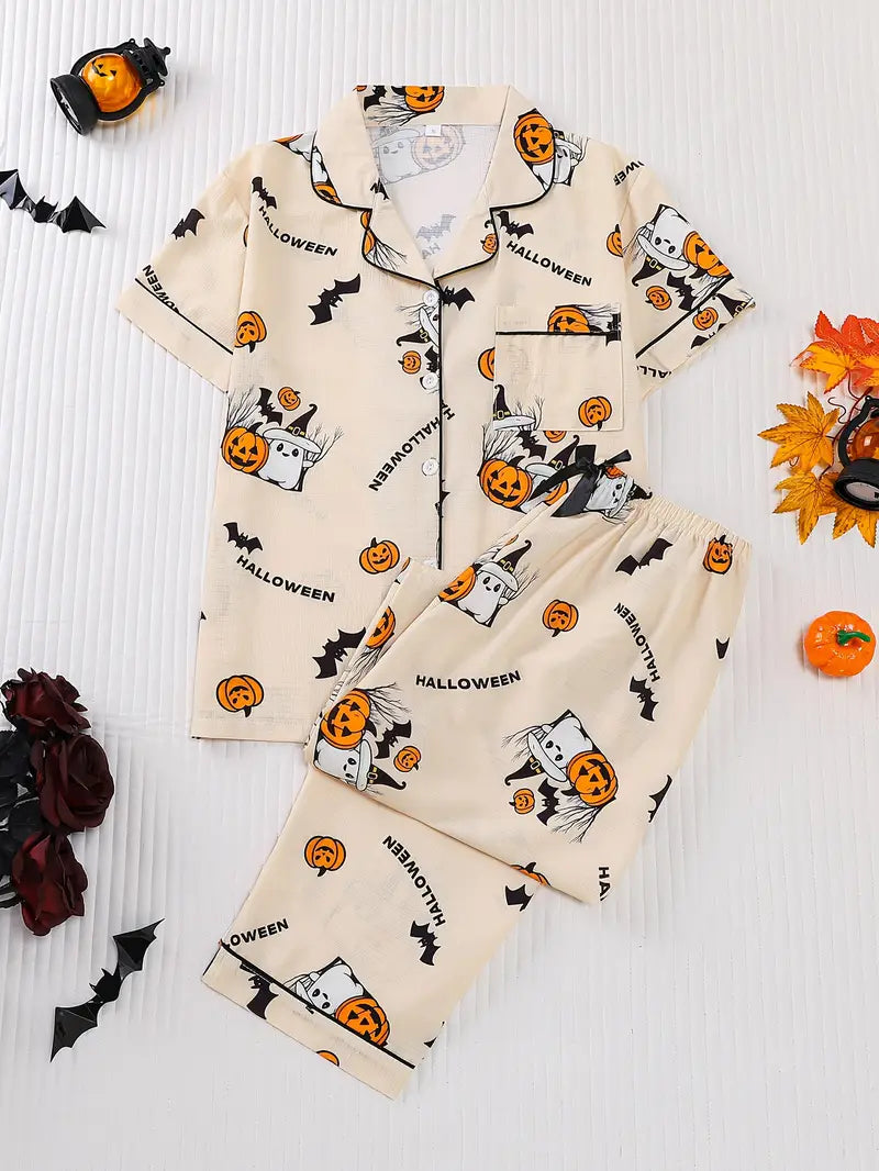 Women’s Apricot Halloween Pajama Set – Cute Print Button Top & Long Pants Sleepwear