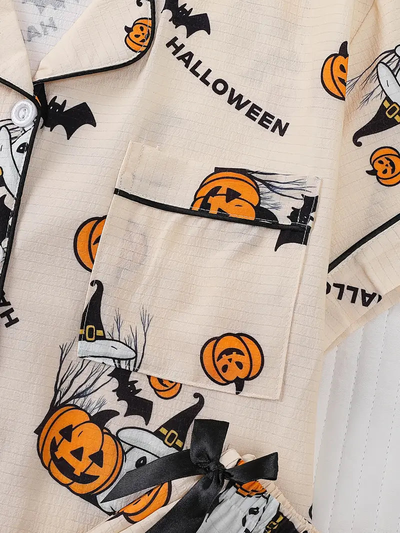 Women’s Apricot Halloween Pajama Set – Cute Print Button Top & Long Pants Sleepwear
