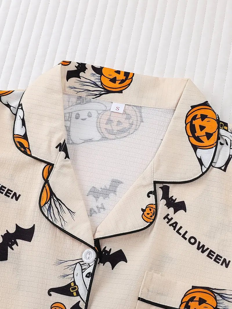 Women’s Apricot Halloween Pajama Set – Cute Print Button Top & Long Pants Sleepwear