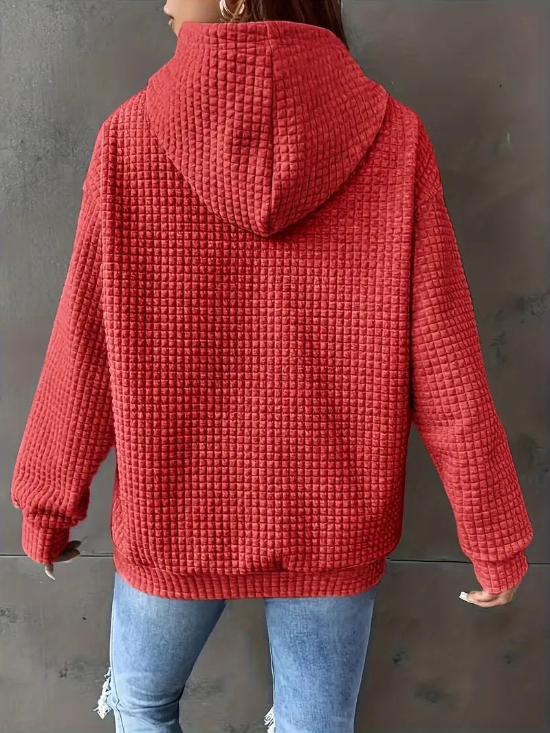 Women’s Casual Waffle Color-Block Hooded Sweatshirt – Cozy Autumn Style