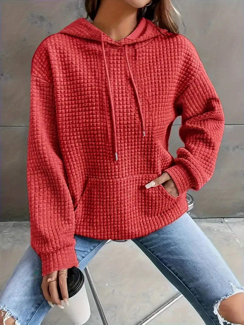 Women’s Casual Waffle Color-Block Hooded Sweatshirt – Cozy Autumn Style