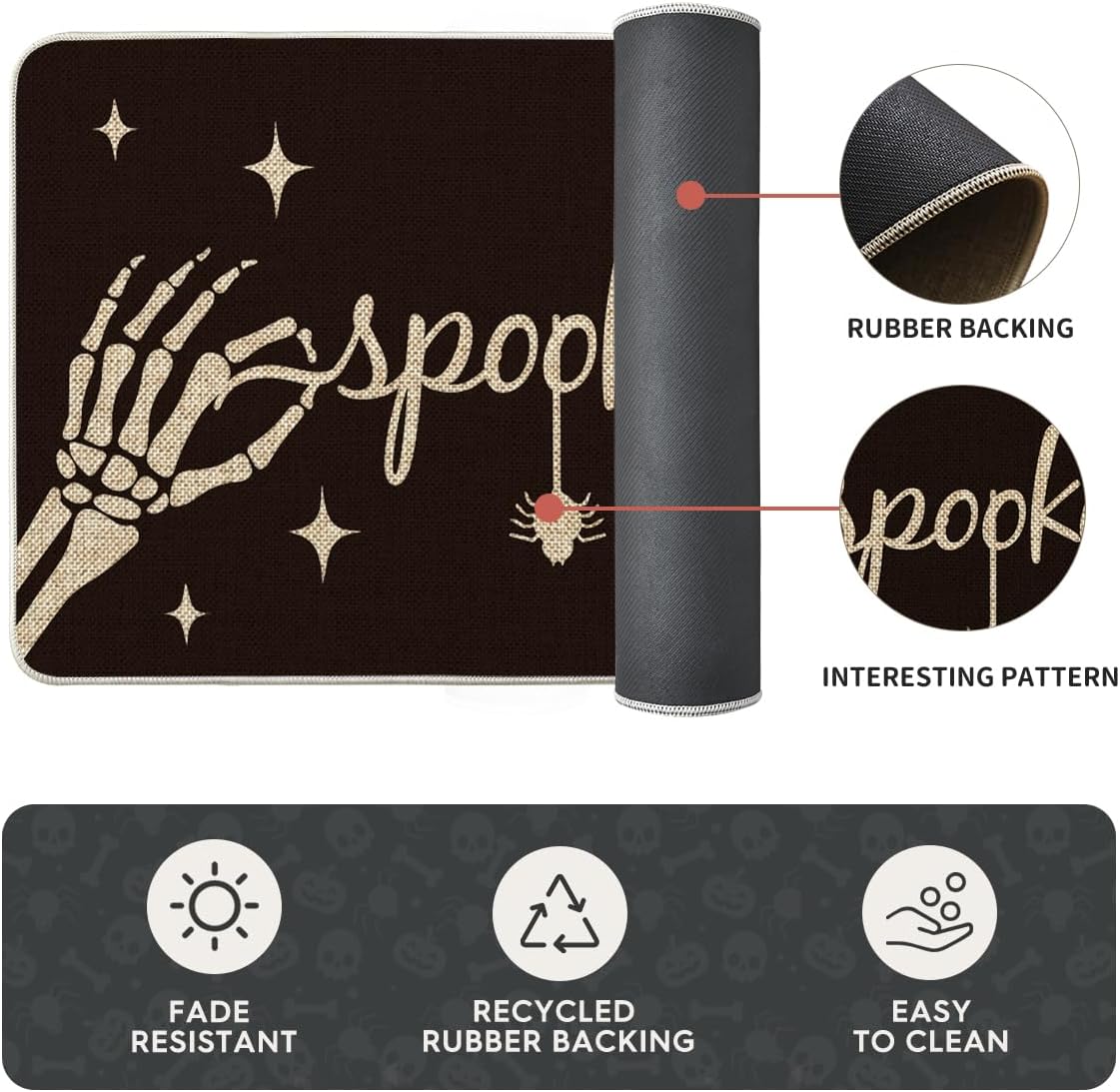Artoid Mode Spooky Skeleton Spider Bone Black Halloween Kitchen Mats Set of 2, Black Home Decor Low-Profile Kitchen Rugs for Floor - 17x29 and 17x47 Inch