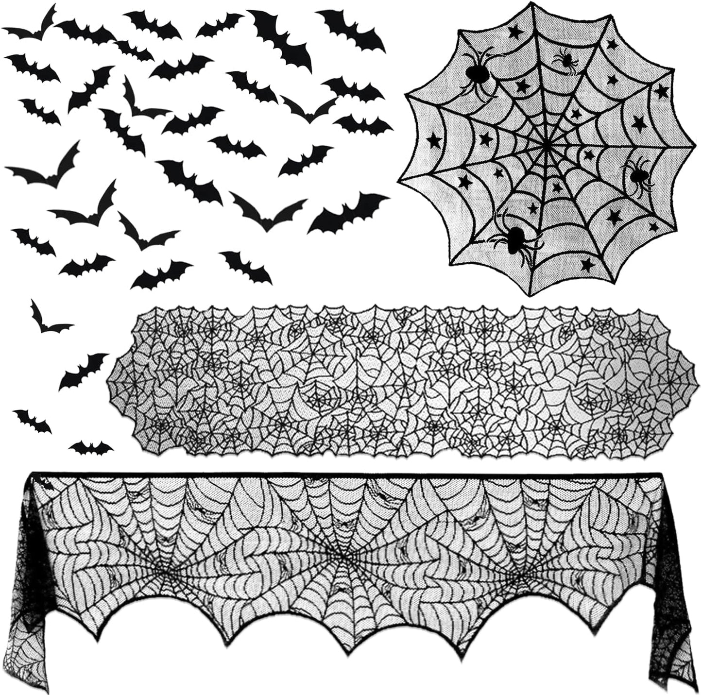 ZeeDix 39-Piece Halloween Decorations Kit – Black Lace Spiderweb Tablecloth, Fireplace Scarf & 3D Bat Wall Stickers