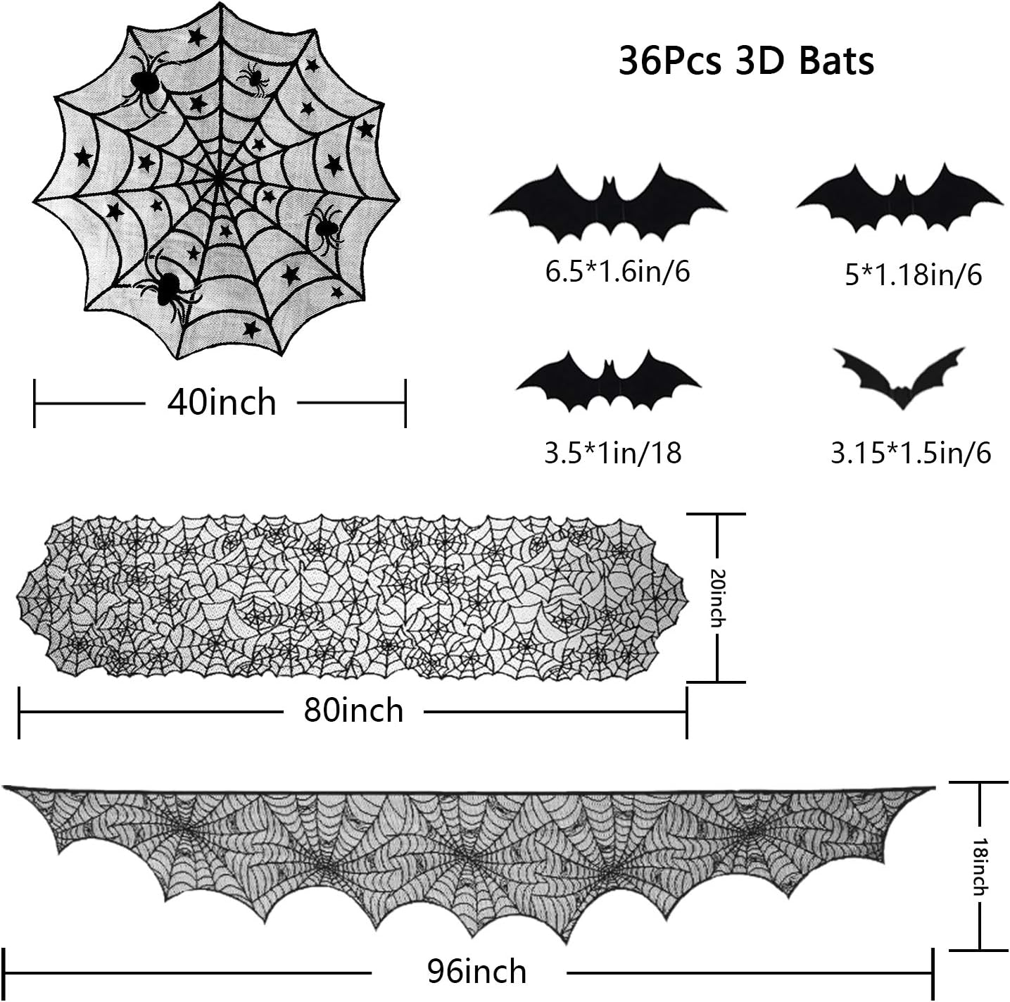 ZeeDix 39-Piece Halloween Decorations Kit – Black Lace Spiderweb Tablecloth, Fireplace Scarf & 3D Bat Wall Stickers