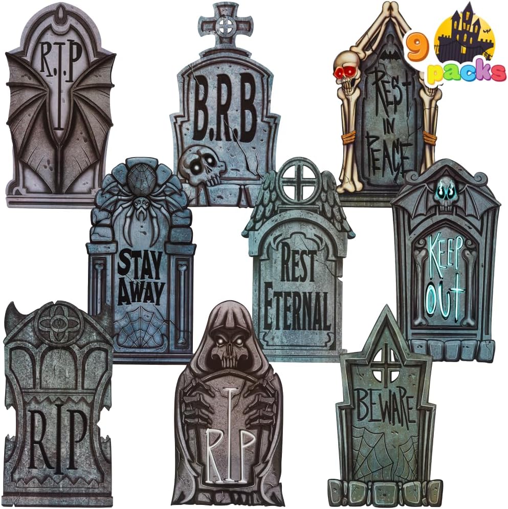JOYIN 9-Piece Halloween Tombstones Set – 16" Plastic Graveyard Headstones with 18 Metal Stakes for Outdoor Yard & Party Decorations