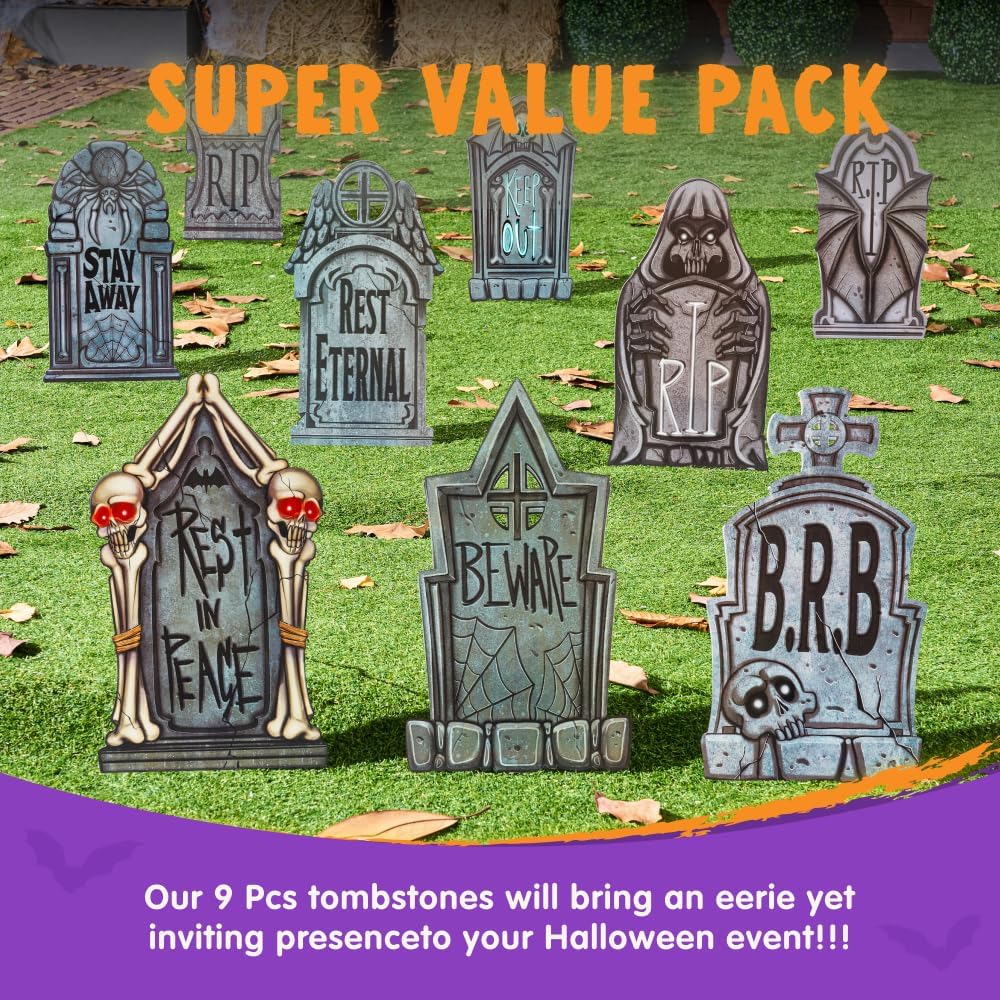 JOYIN 9-Piece Halloween Tombstones Set – 16" Plastic Graveyard Headstones with 18 Metal Stakes for Outdoor Yard & Party Decorations