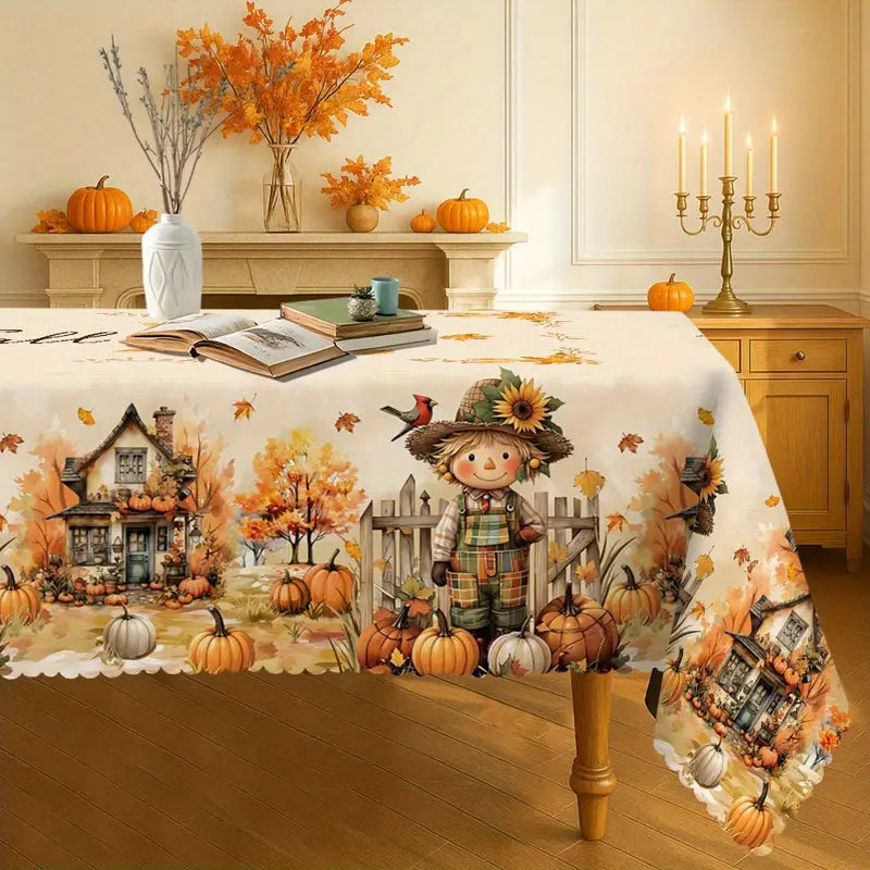 Farmhouse Scarecrow & Pumpkin Harvest Tablecloth – Rustic Fall Dining Décor