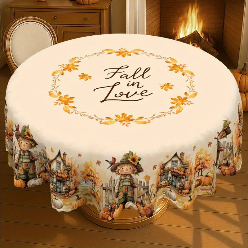 Farmhouse Scarecrow & Pumpkin Harvest Tablecloth – Rustic Fall Dining Décor
