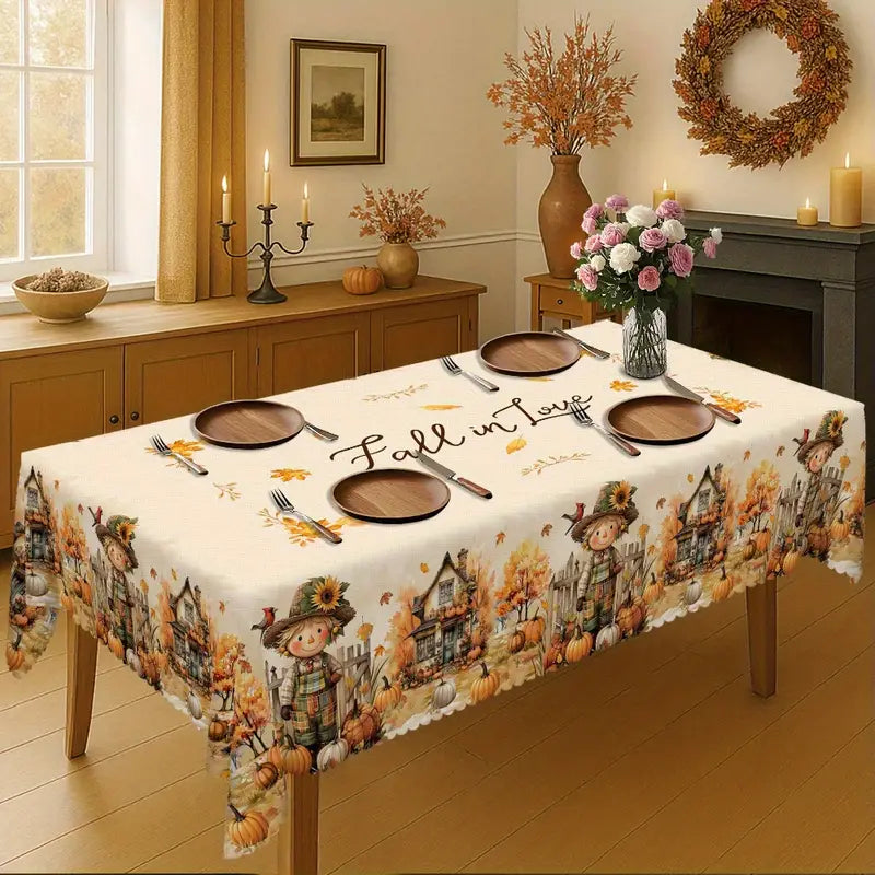 Farmhouse Scarecrow & Pumpkin Harvest Tablecloth – Rustic Fall Dining Décor