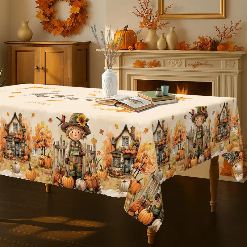 Farmhouse Scarecrow & Pumpkin Harvest Tablecloth – Rustic Fall Dining Décor