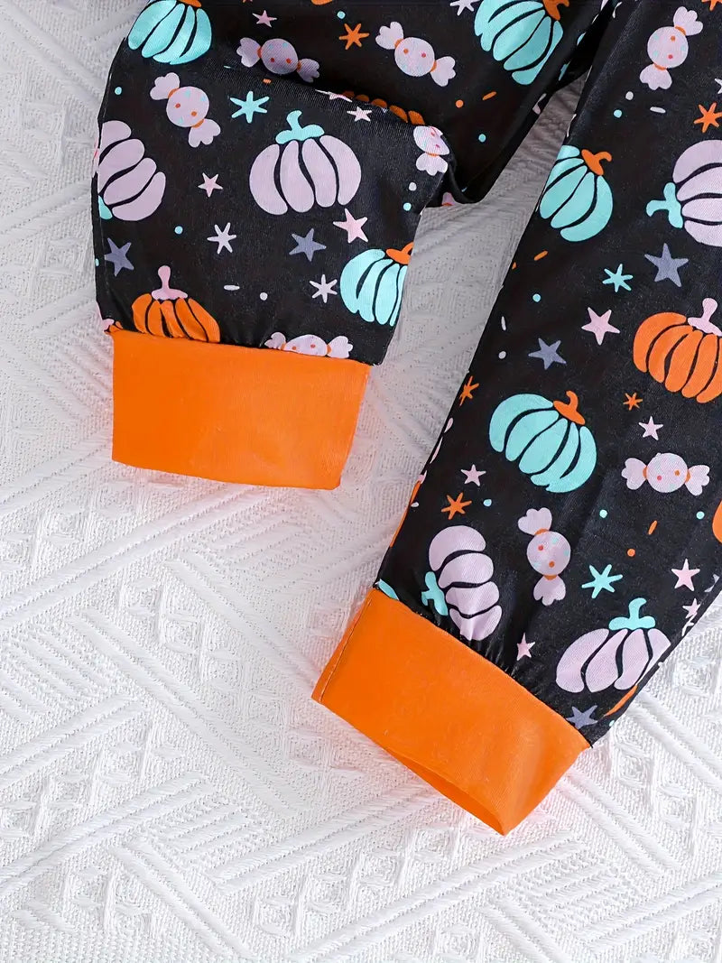 3-Piece Toddler Halloween Pumpkin Outfit – Colorful Print Long-Sleeve Onesie, Pants & Hat Set