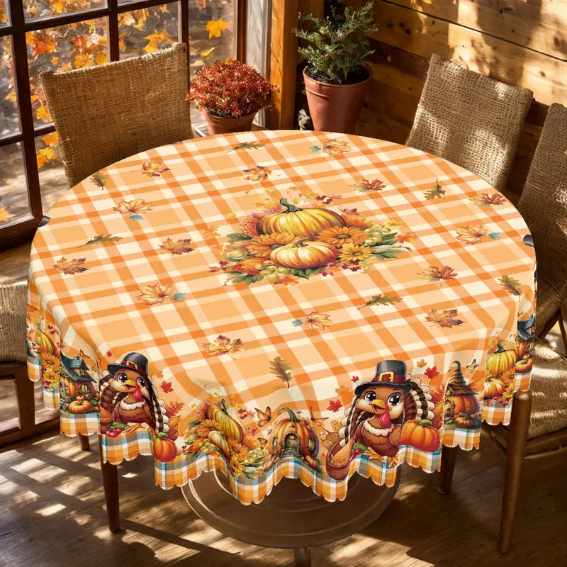 Thanksgiving Turkey & Pumpkin Floral Tablecloth – Farmhouse Fall Dining & Party Décor