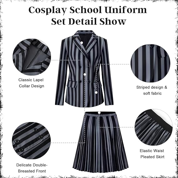 Halloween Costume Girls Addams Costume Cosplay School Uniform Dress Kid Teen Black Outfit With Necklace Socks Party Dress