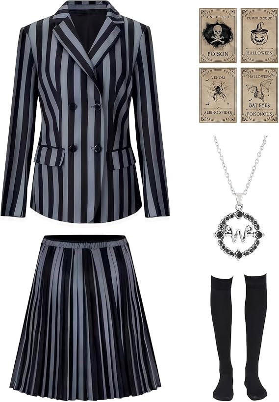 Halloween Costume Girls Addams Costume Cosplay School Uniform Dress Kid Teen Black Outfit With Necklace Socks Party Dress