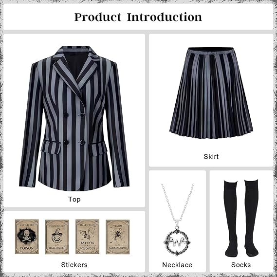Halloween Costume Girls Addams Costume Cosplay School Uniform Dress Kid Teen Black Outfit With Necklace Socks Party Dress