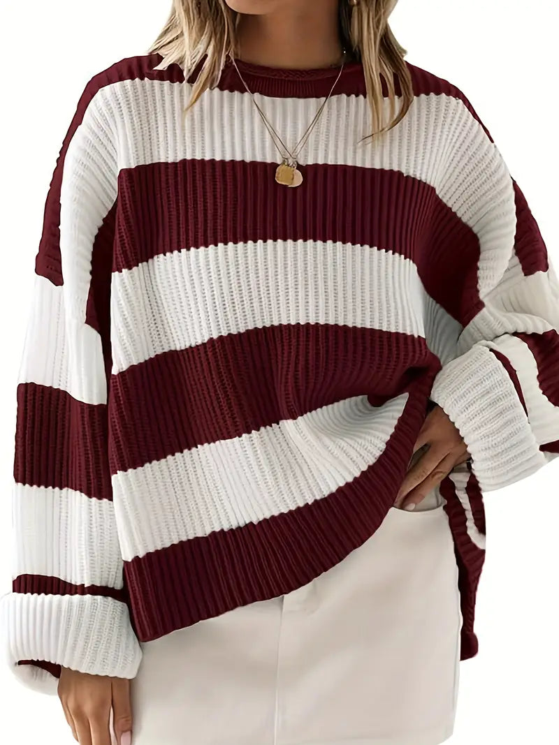 Women’s Striped Round Neck Sweater – Cozy & Versatile Wear