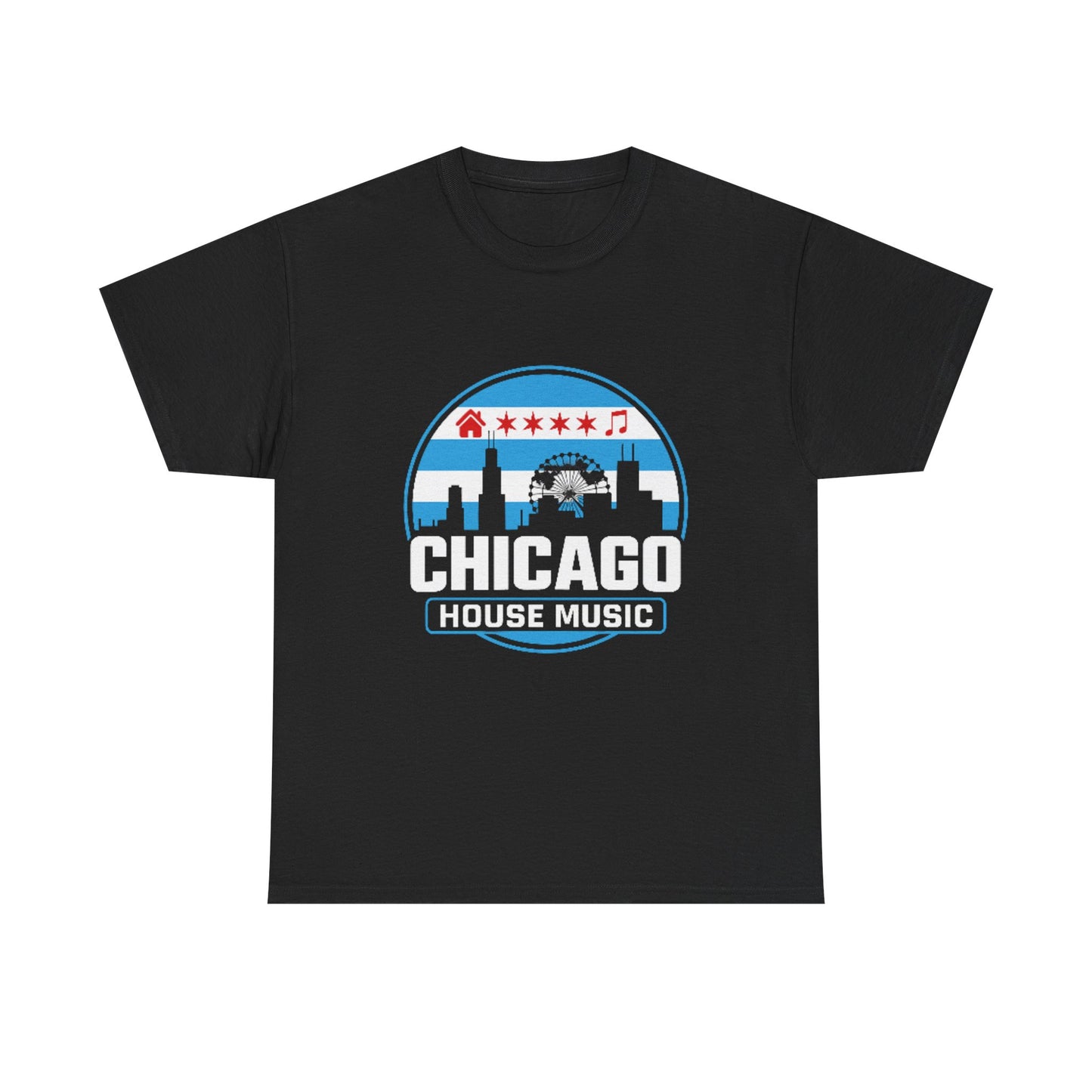 Chicago House Music Skyline Unisex Heavy Cotton Tee | Casual Wear, Gift, Travel Souvenir, Summer Outfit, City Pride