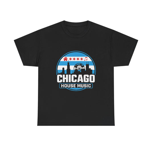 Chicago House Music Skyline Unisex Heavy Cotton Tee | Casual Wear, Gift, Travel Souvenir, Summer Outfit, City Pride