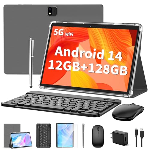 Android 14 Tablet with Keyboard – 12GB RAM + 128GB Storage (1TB Expandable) | 2-in-1 Bundle with Mouse, Stylus, Silver Case