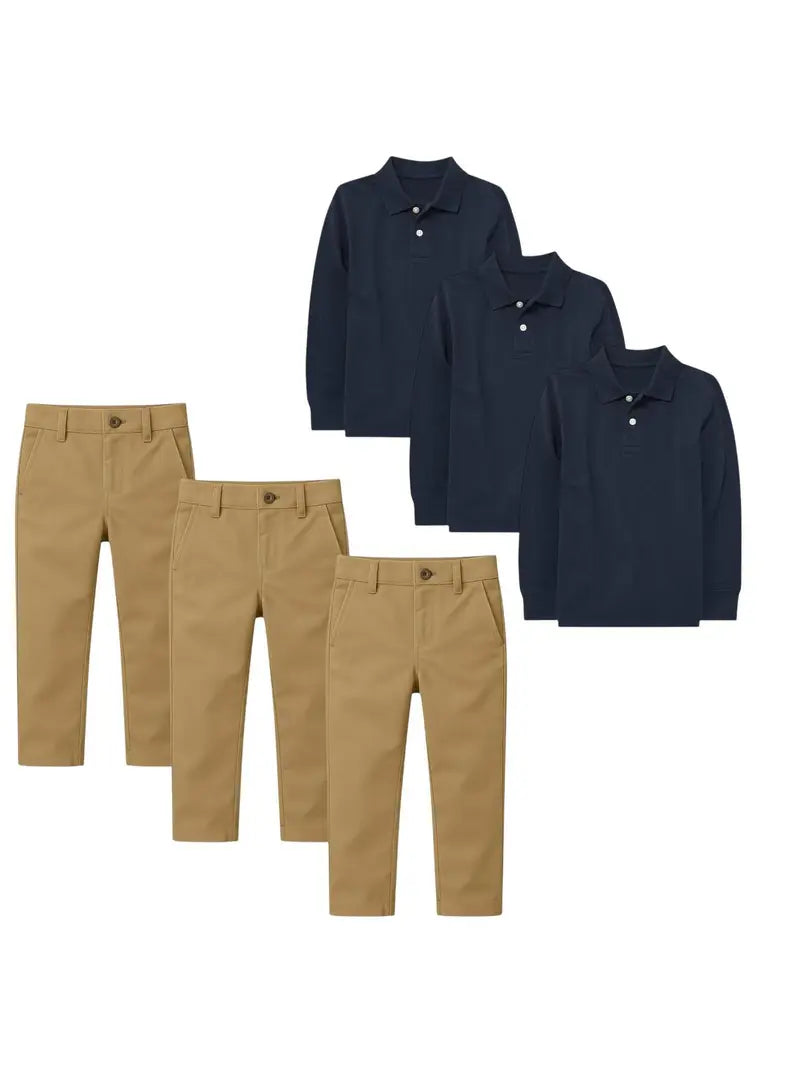 Kids Back to School Uniform Set – 3 Long Sleeve Polo Shirts & 3 Pants Bundle