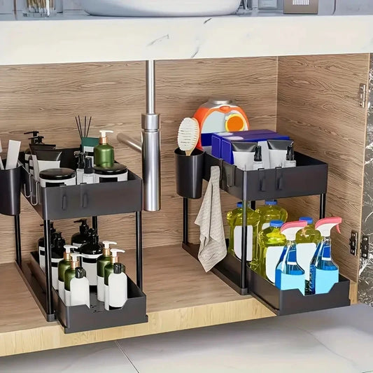 2-Tier Sliding Cabinet Basket Organizer with Hooks
