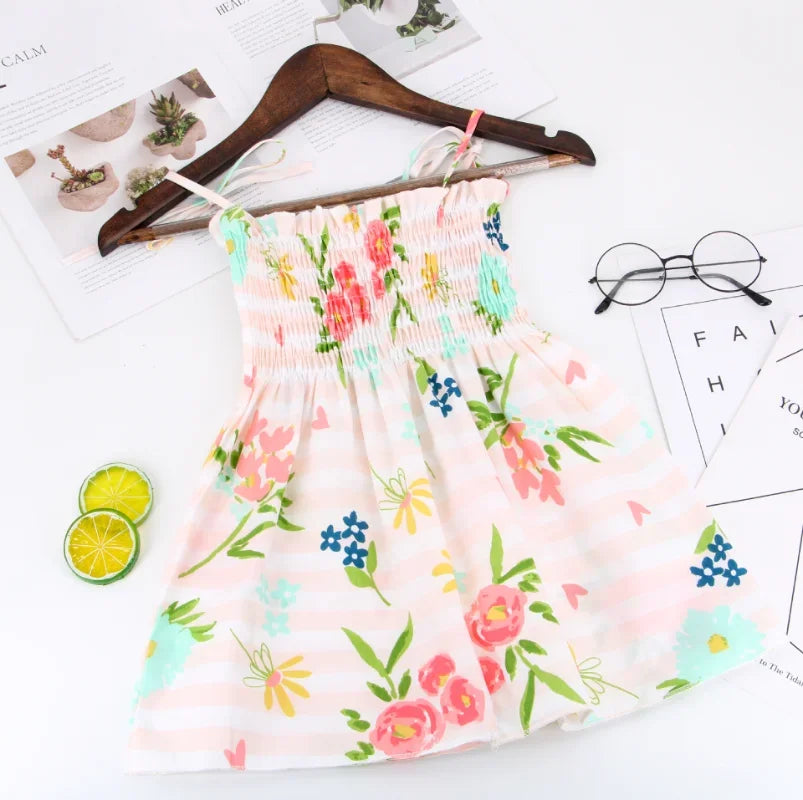 2025 Summer Toddler Girls’ Strapless Floral & Solid Color Princess Dress
