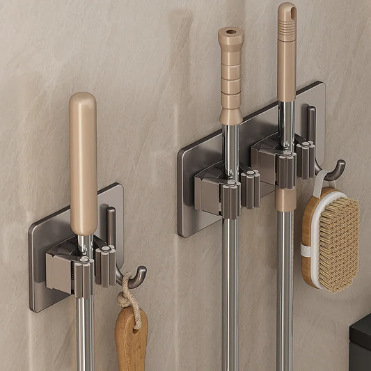 SteelGrip Wall Mounted Mop Holder – Adhesive Broom and Tool Organizer Rack