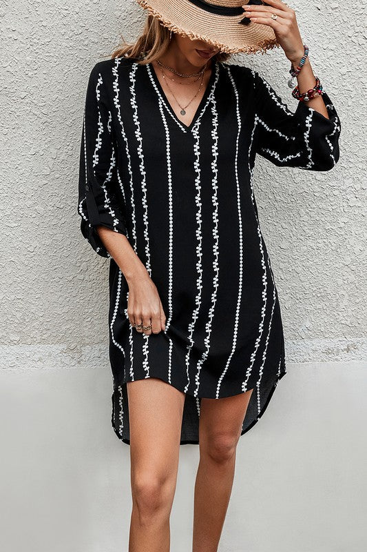 Striped Roll Tab Sleeve Tunic Dress