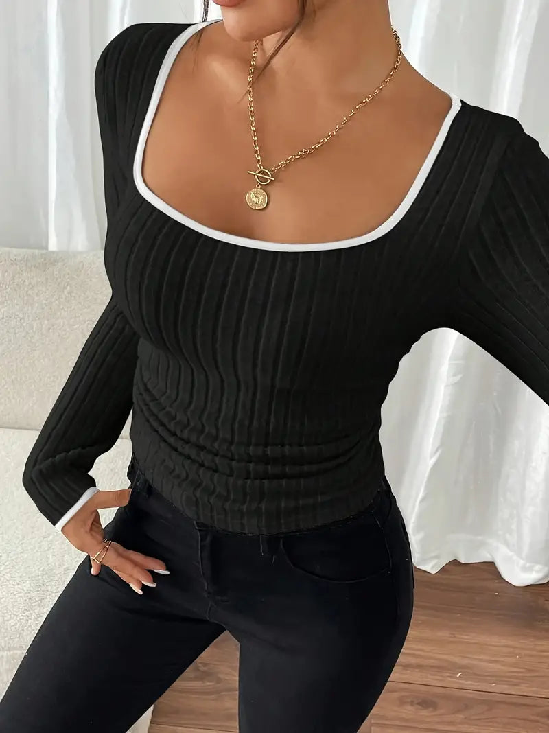 Women’s Elegant Slim Fit Ribbed Knit Top – Square Neckline with Black Trim