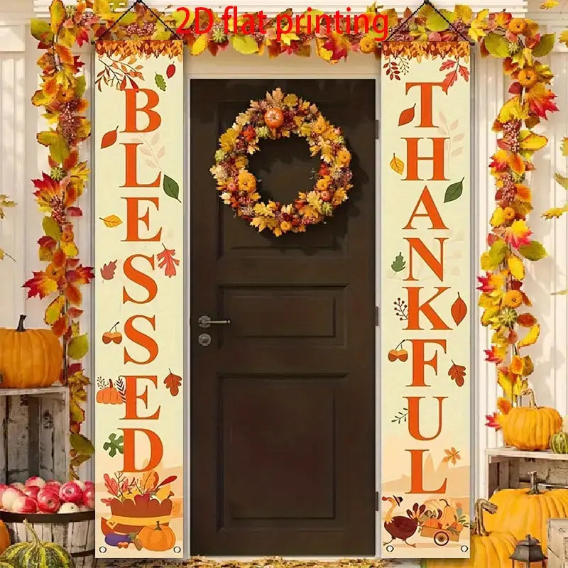 Thanksgiving 2D Flat Banner – “Blessed” Autumn Harvest Door Decoration with Leaves & Pumpkins