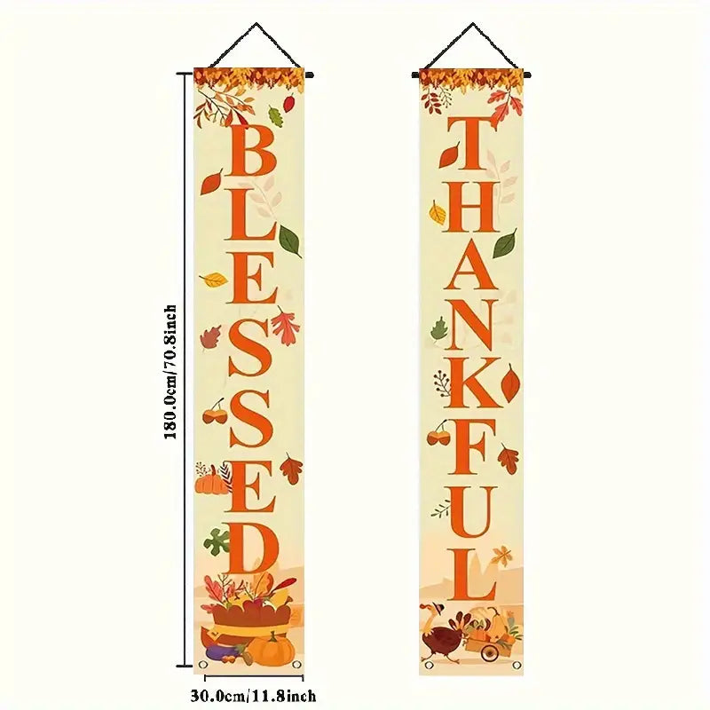 Thanksgiving 2D Flat Banner – “Blessed” Autumn Harvest Door Decoration with Leaves & Pumpkins