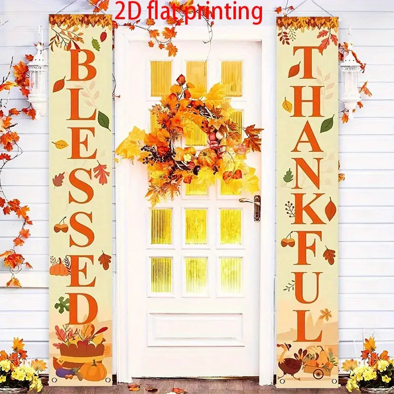 Thanksgiving 2D Flat Banner – “Blessed” Autumn Harvest Door Decoration with Leaves & Pumpkins