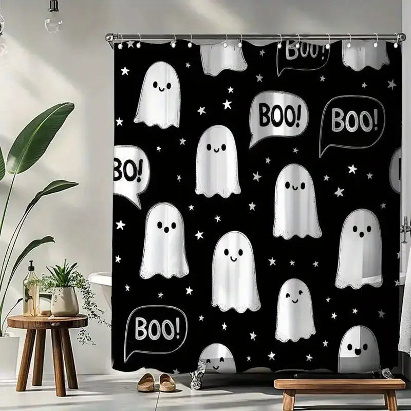 BOO! Halloween Haunted House Shower Curtain – Spooky Design | 70.87 x 70.87 in, Includes 12 Hooks, Bathroom Décor