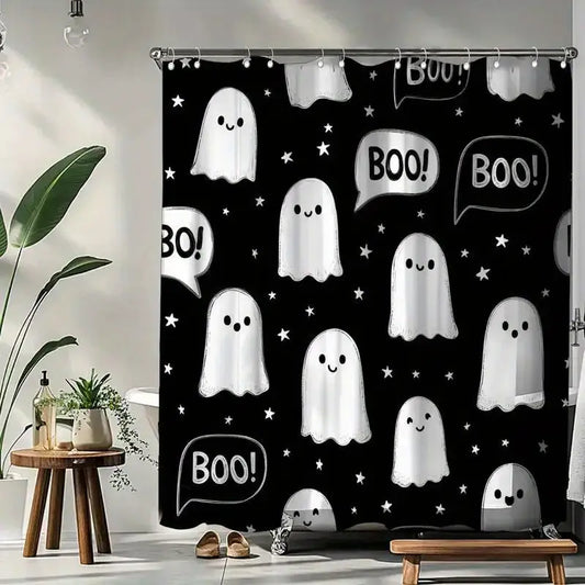 BOO! Halloween Haunted House Shower Curtain – Spooky Design | 70.87 x 70.87 in, Includes 12 Hooks, Bathroom Décor